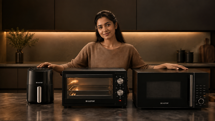 Woman comparing an air fryer, OTG, and microwave in a modern kitchen.