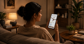 Woman shopping for a ceiling fan on her smartphone in a warm, modern living room.
