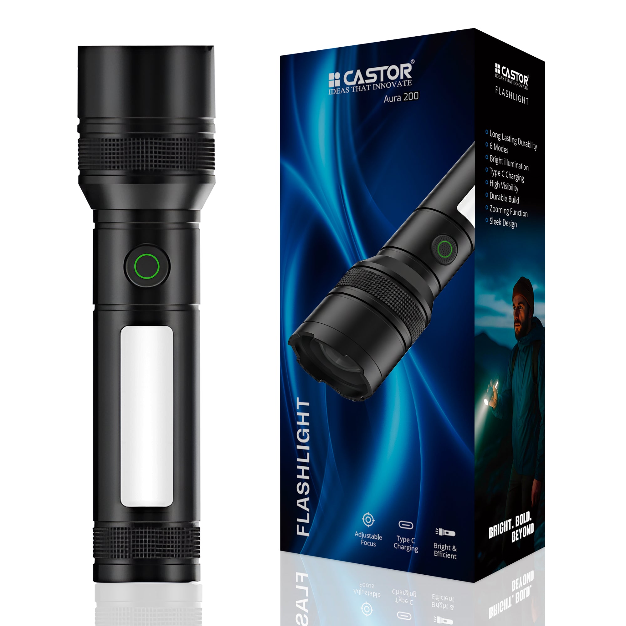 CASTOR AURA 200 Rechargeable Torch Light, 6 Light Modes, Type C Charging, Zooming Function, Long Lasting Durability (Black)