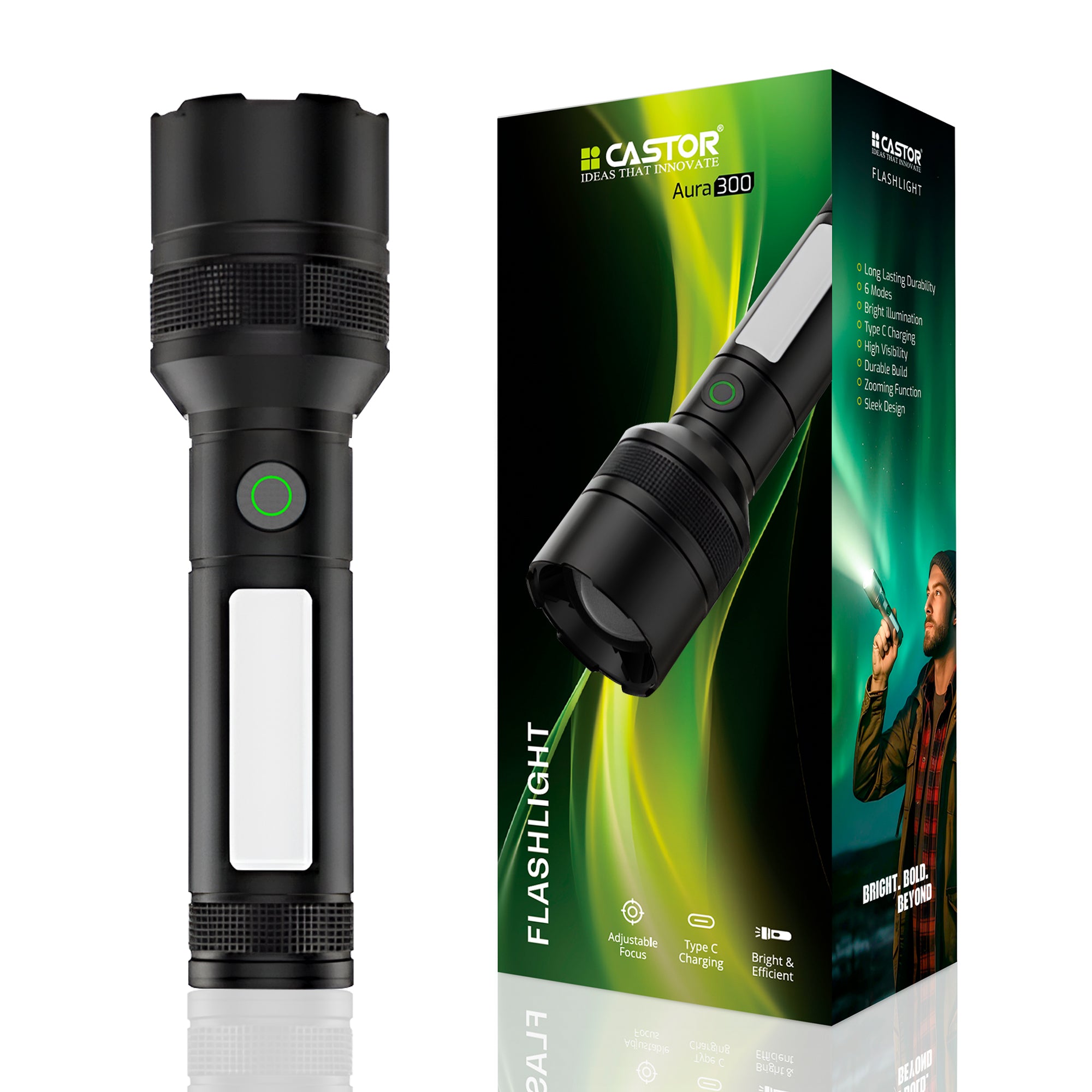 CASTOR AURA 300 Rechargeable Torch Light, 6 Light Modes, Type C Charging, Zooming Function, Long Lasting Durability (Black)