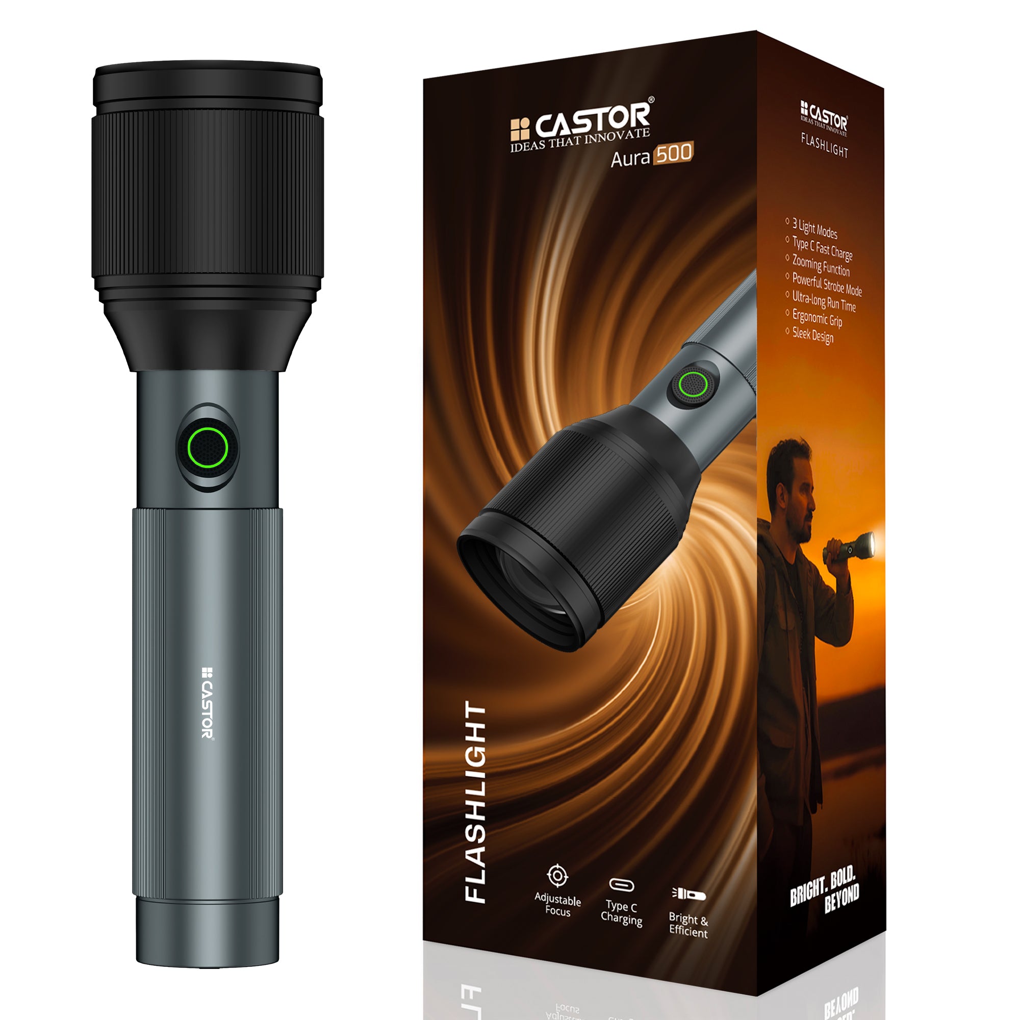 CASTOR AURA 500 Rechargeable Torch Light, 3 Light Modes, Type C Fast Charge, Powerful Strobe Mode, Ultra-Long Run Time (Black)