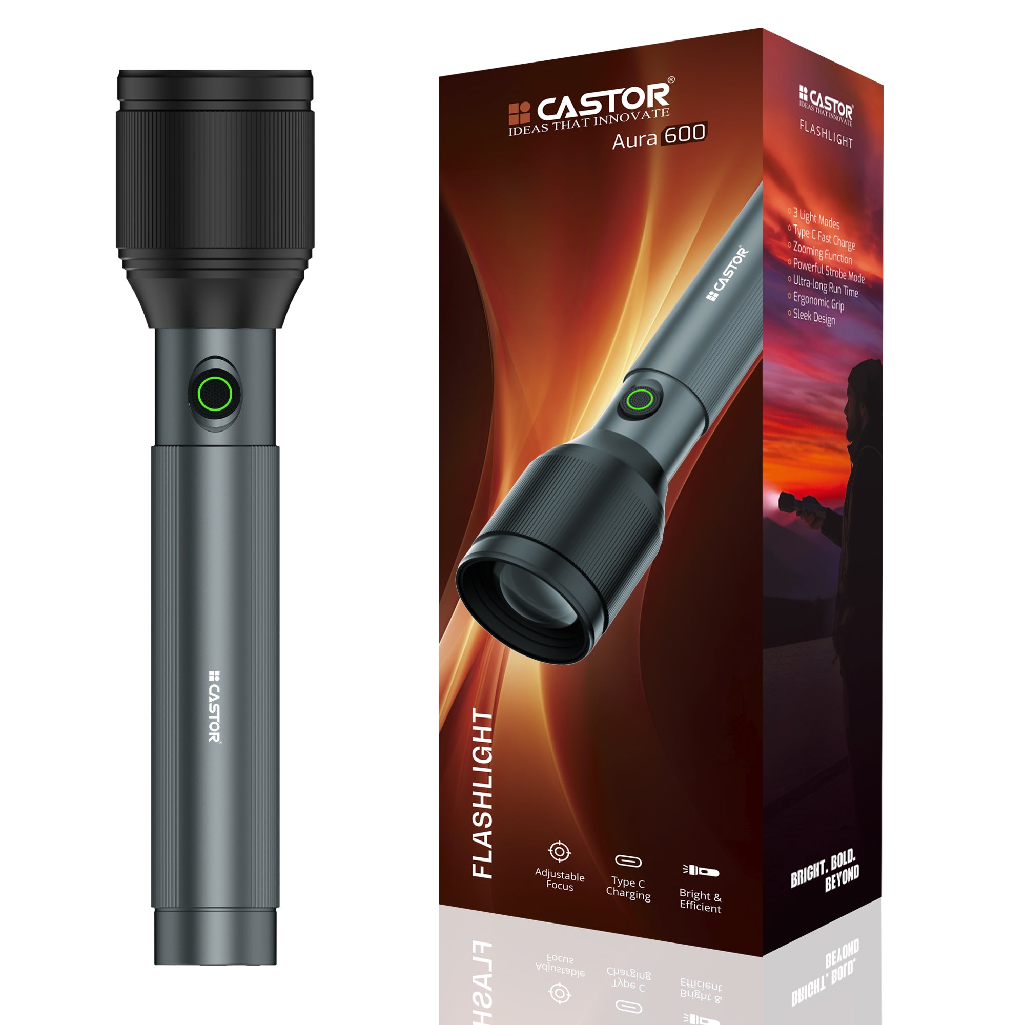 CASTOR AURA 600 Rechargeable Torch Light, 3 Light Modes, Type C Fast Charge, Powerful Strobe Mode, Ultra-Long Run Time (Black)