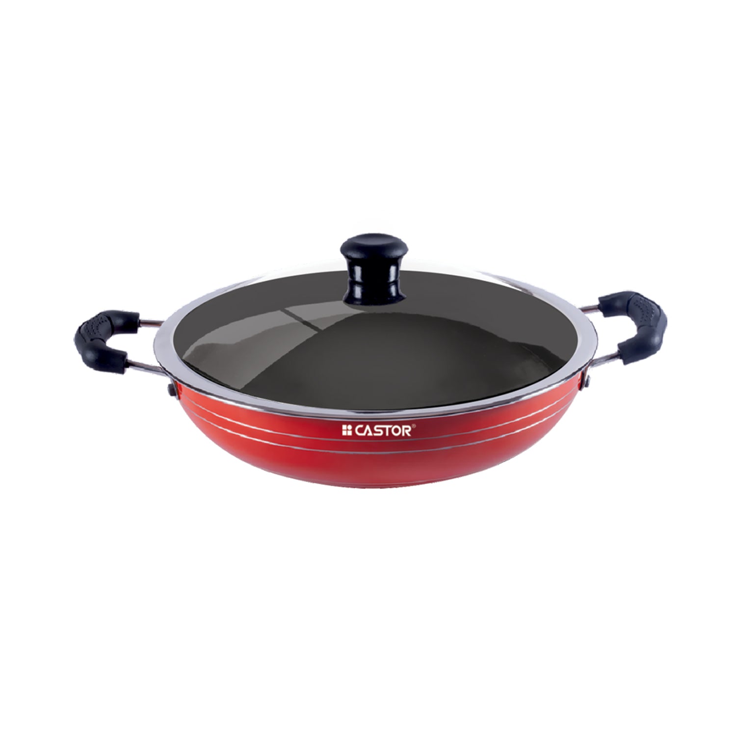 CASTOR CT24 Non-Stick Kadai with Glass Lid, 3 Layer Durable Non-Stick Interior, Heat Resistant Bakelite Handle, Induction Friendly (Black)