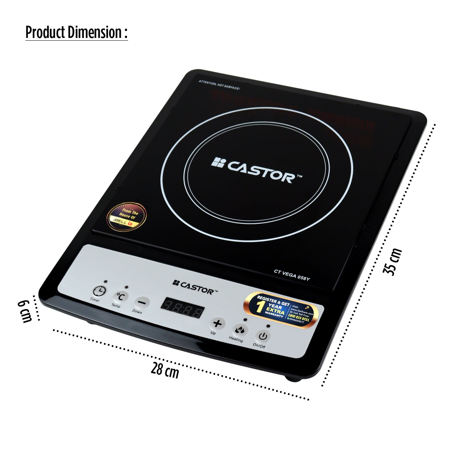 CASTOR CT VEGA 058Y Induction Cooktop 2000W with Press Button Control, High Quality Crystal Glass, Auto Shut Off, Overheat Protection (Black)