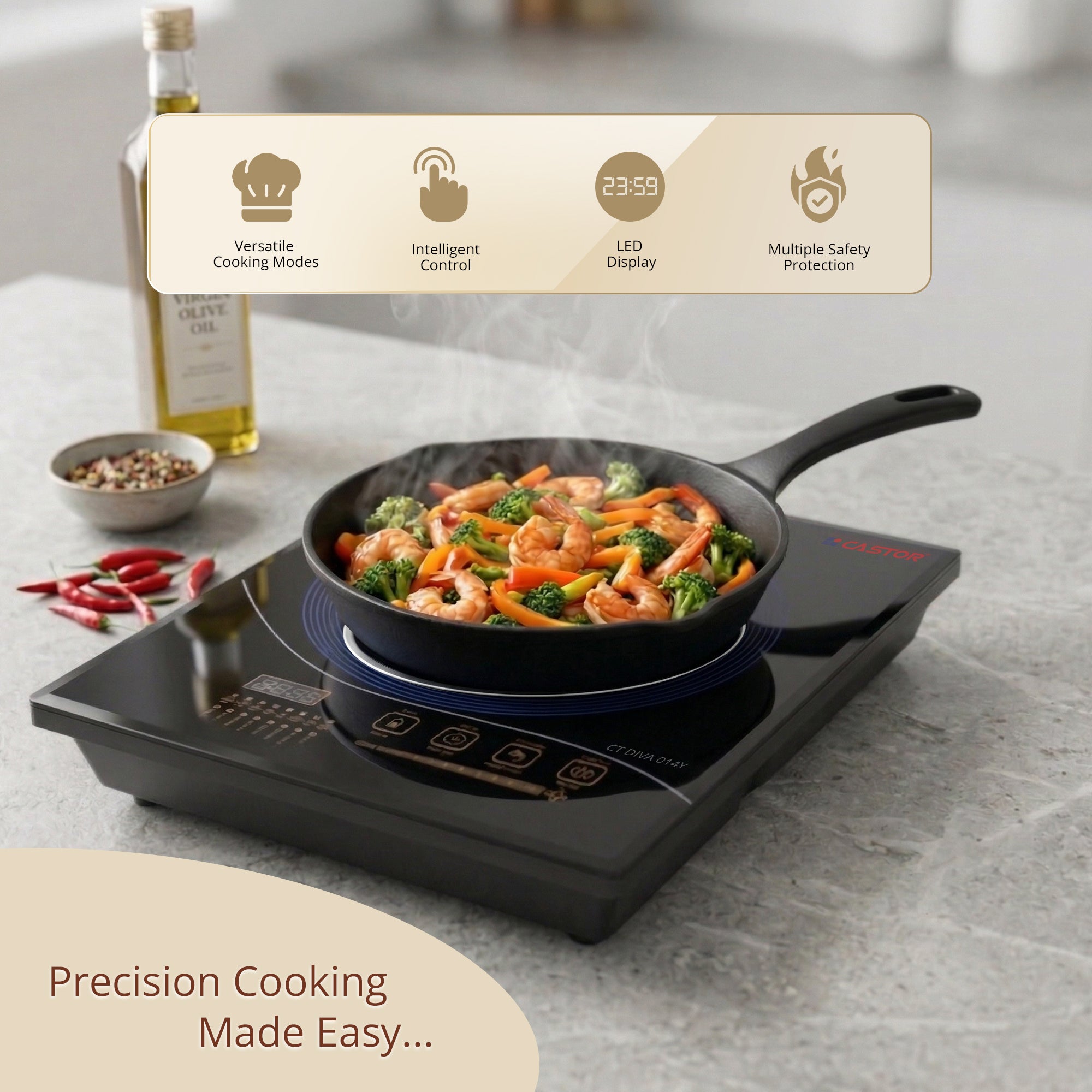 CASTOR CT DIVA 014Y Induction Cooktop 2200W with Touch Button Control, Super-Large Coil Panel, Intelligent Control, Multiple Safety Protection (Black)