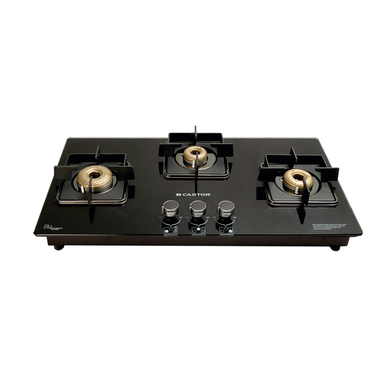 CASTOR CT GLAZE 03DSB WB4 Hob Cooktop 3 Burner, Tempered Glass Top, Diptray Square Black, Low Gas Consumption
