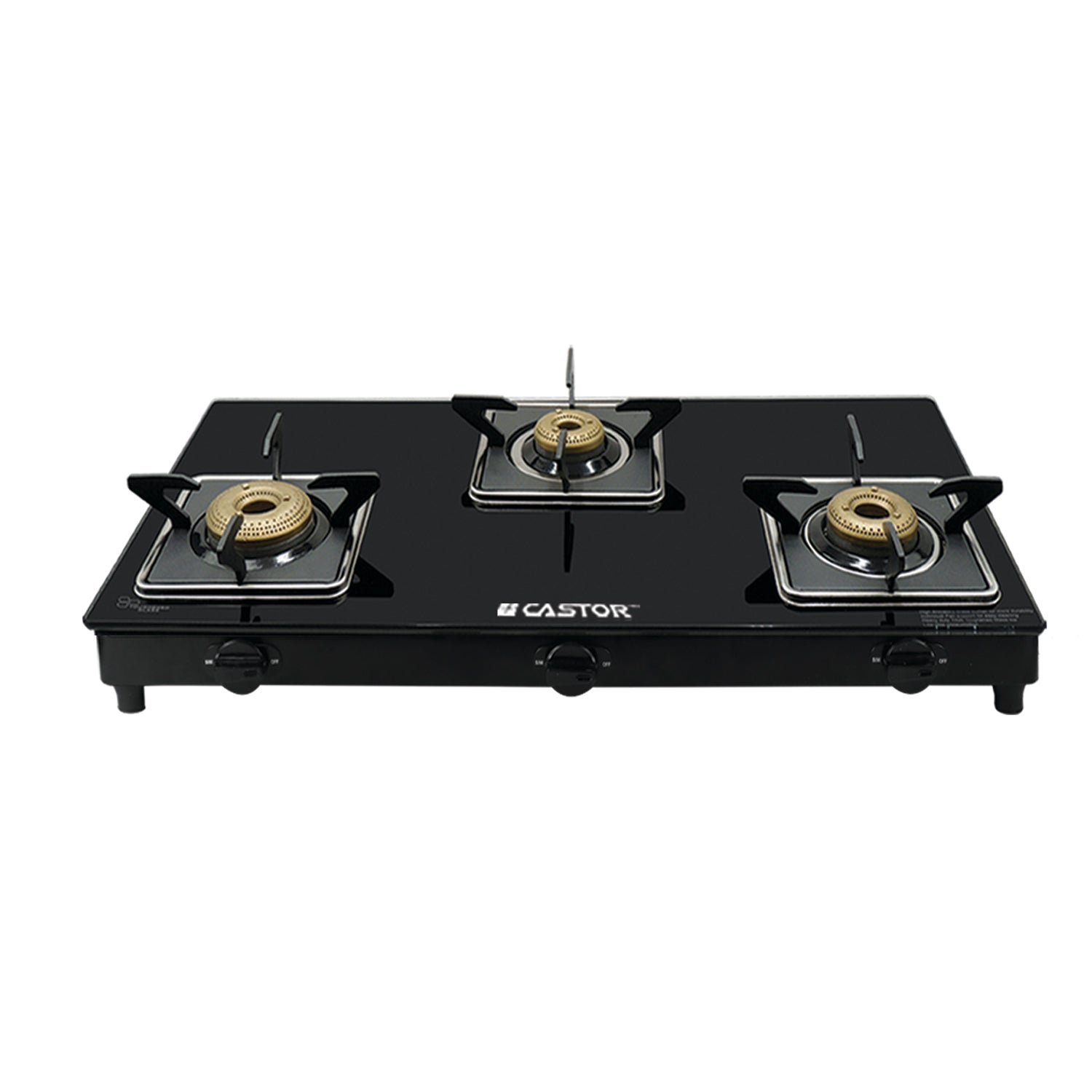 CASTOR CT GS8413 STAR-DLX (SS) 3 Burner Gas Stove, Tempered Glass Top, Crystal Black Design, Forged Brass Burner, Energy Saving (Black)