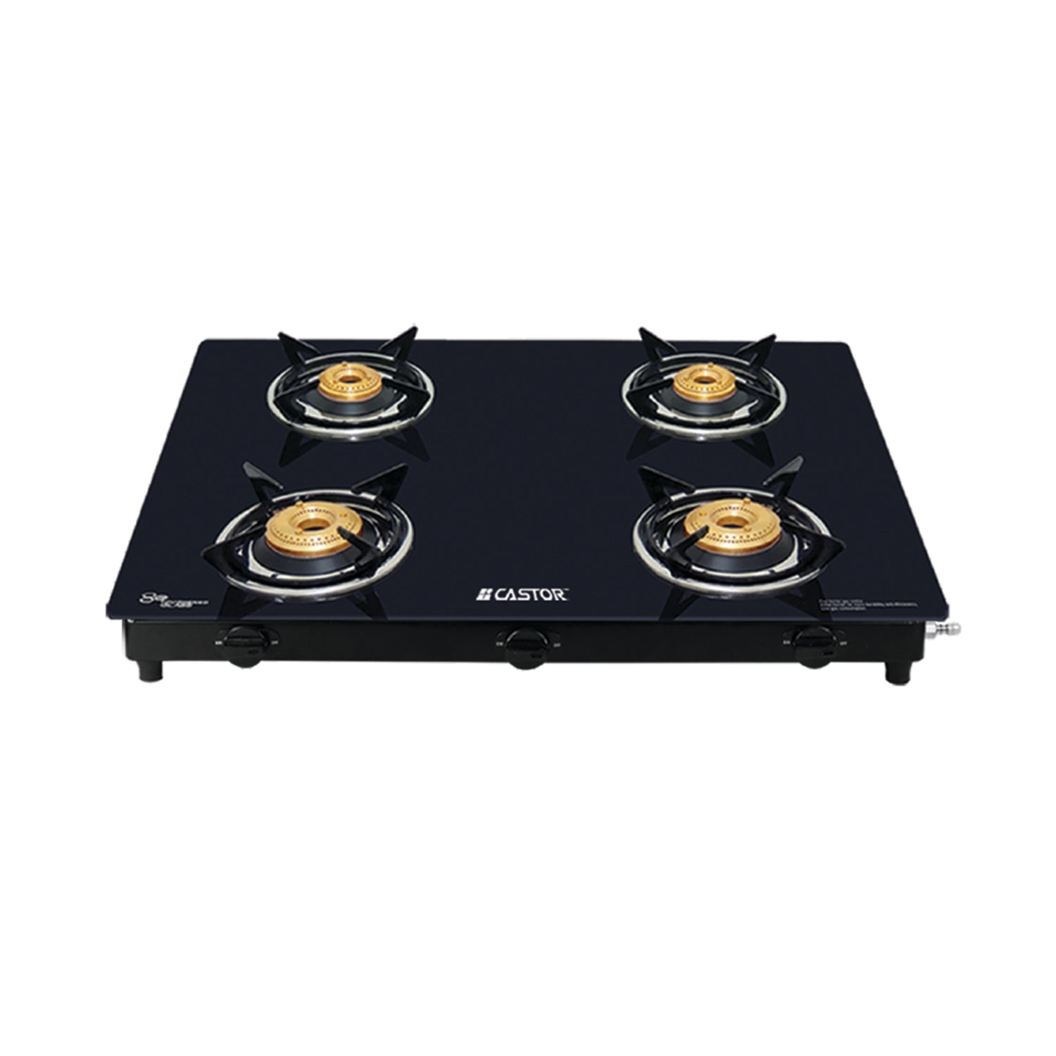 CASTOR CT GS1414 4 Burner Gas Stove, Crystal Black Glass Design, Tempered Glass Top, Forged Brass Burners, Energy Saving (Black)