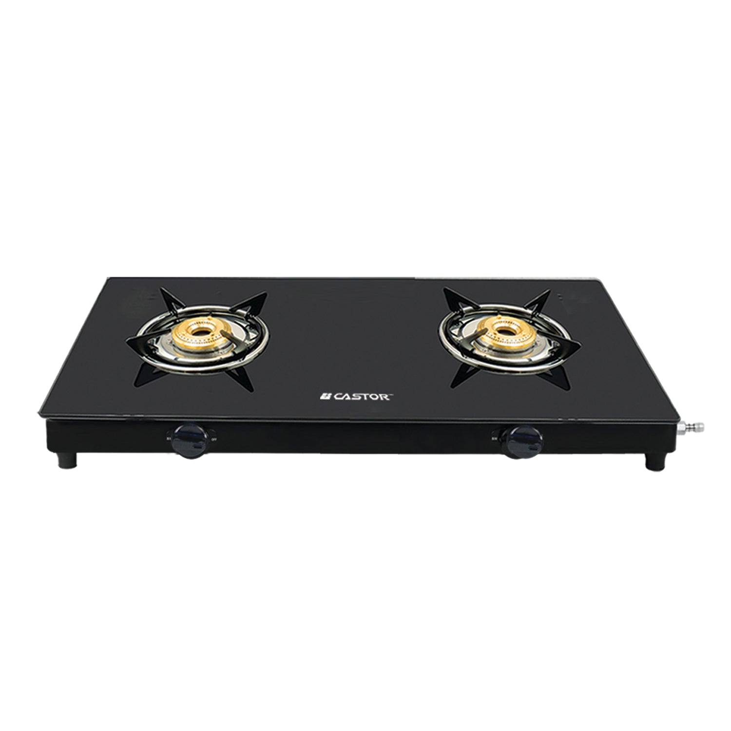 CASTOR CT SLEEK 02B 2 Burner Gas Stove, Tempered Black Glass Top, Crystal Black Design, Brass Burner, Energy Saving (Black)